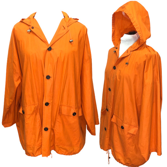Eskandar Sz 2 Orange Cotton Hooded Lightweight Rain Coat Jacket Pockets TNY FLAW